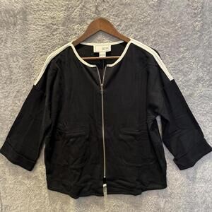 Joan Vass Black Cotton Zip-Up Jacket with White Trim